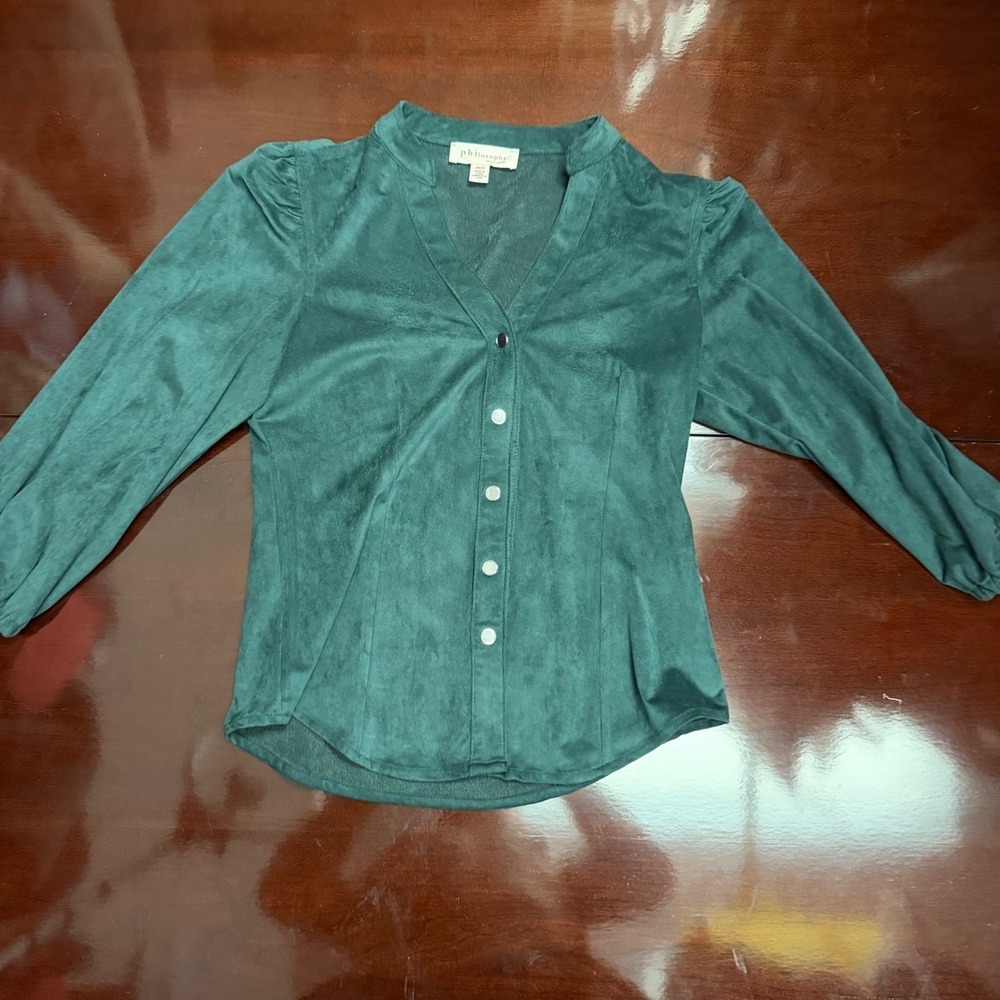 Philosophy Republic Clothing Green Faux Suede Button Down Blouse XS Puff Sleeve